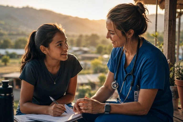 A nurse in scrubs sits with her teenage daughter on a sunlit porch overlooking the hills at golden hour, the daughter writing in a notebook.