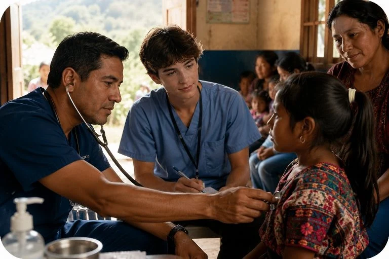 A doctor and a teen scholar in scrubs examine a young girl patient in a rural clinic, while her grandmother looks on and other families wait nearby.